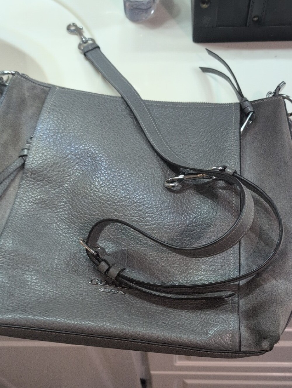 Coach Gray Pebbled Leather Hobo Shoulder Bag - Picture 10 of 12